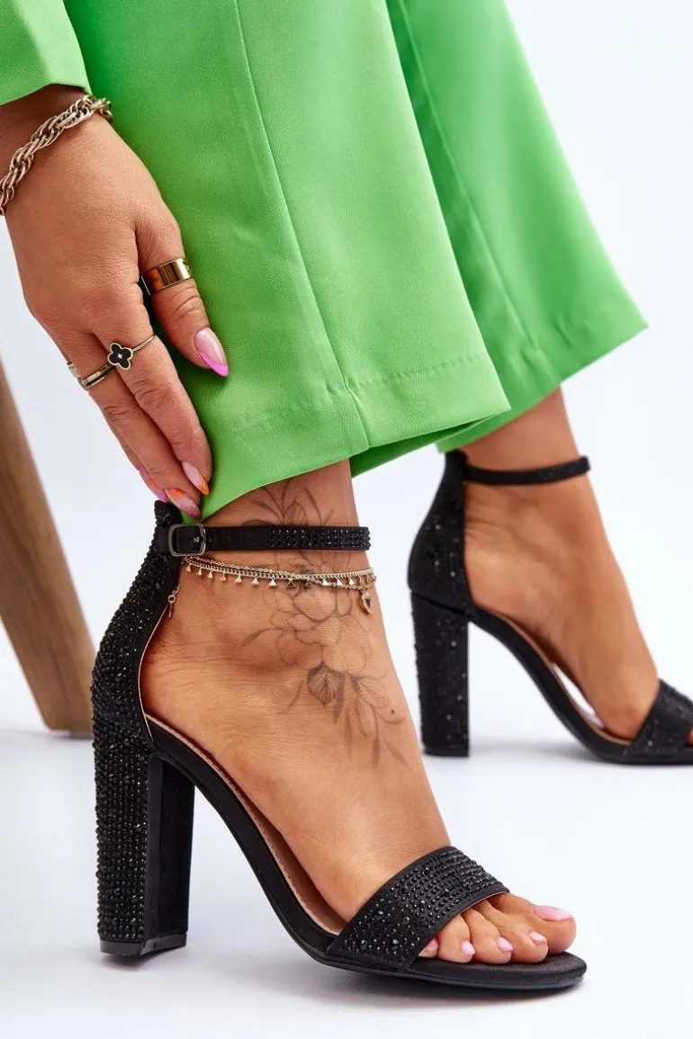 Damskie Sandały Na Obcasie Z Cyrkoniami Czarne Idealistic