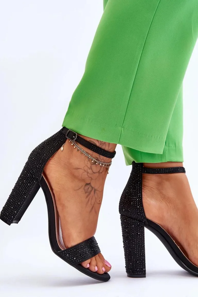 Damskie Sandały Na Obcasie Z Cyrkoniami Czarne Idealistic