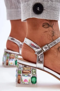 Damskie Sandały Na Obcasie Z Kryształkami Srebrne S.Barski MR1037-01