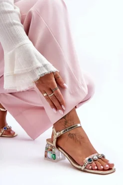 Damskie Sandały Na Obcasie Z Kryształkami Złote S.Barski MR1037-01