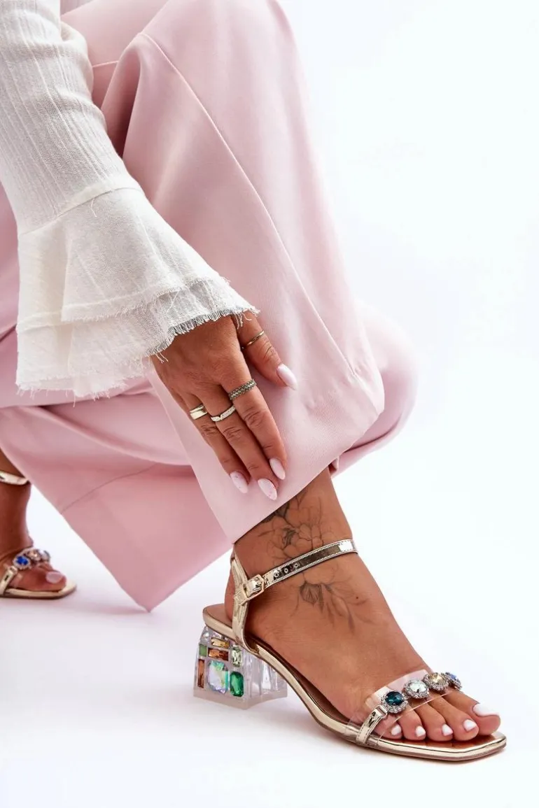 Damskie Sandały Na Obcasie Z Kryształkami Złote S.Barski MR1037-01