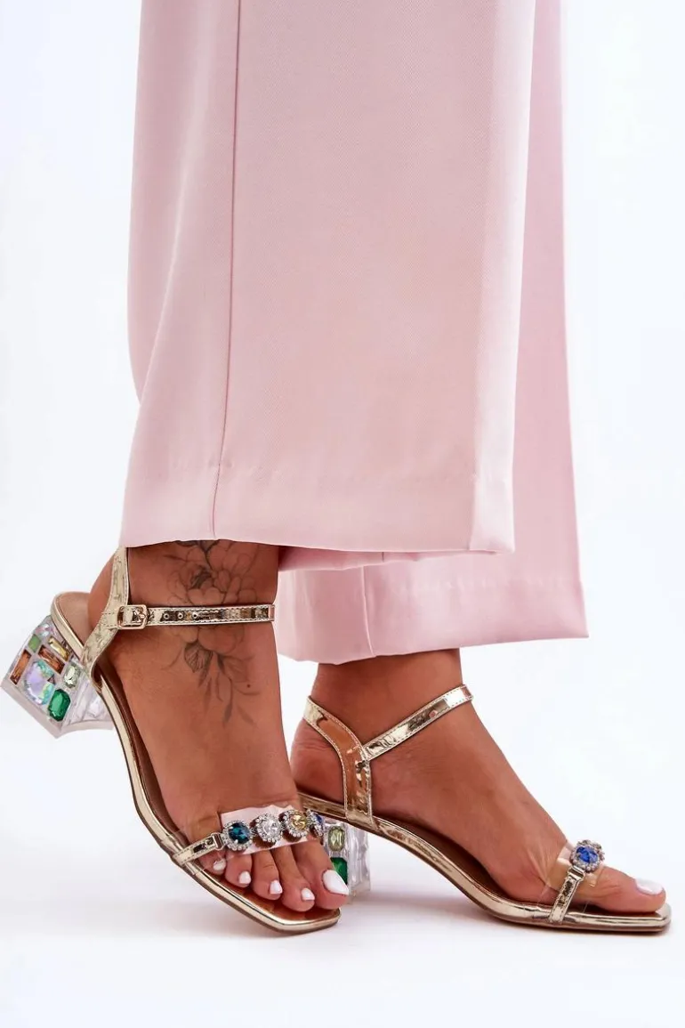 Damskie Sandały Na Obcasie Z Kryształkami Złote S.Barski MR1037-01