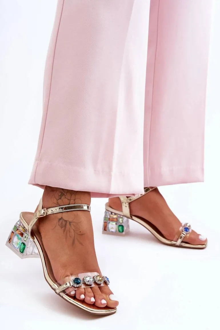 Damskie Sandały Na Obcasie Z Kryształkami Złote S.Barski MR1037-01