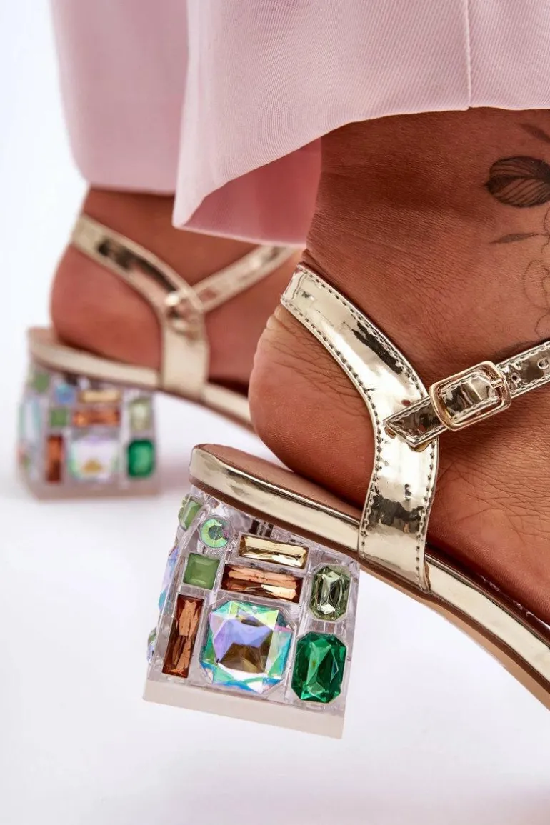 Damskie Sandały Na Obcasie Z Kryształkami Złote S.Barski MR1037-01