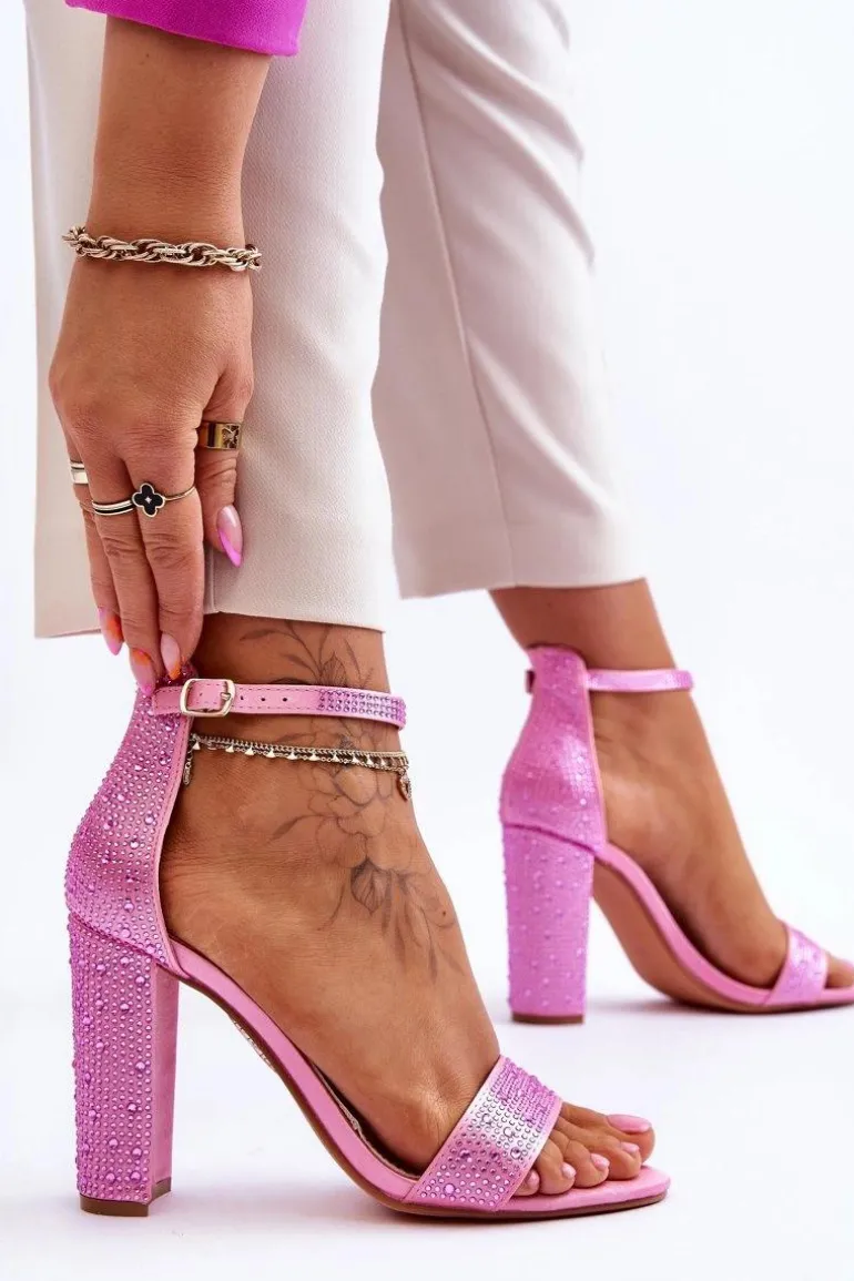 Damskie Sandały Na Obcasie Z Cyrkoniami Różowe Idealistic