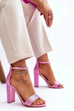 Damskie Sandały Na Obcasie Z Cyrkoniami Różowe Idealistic