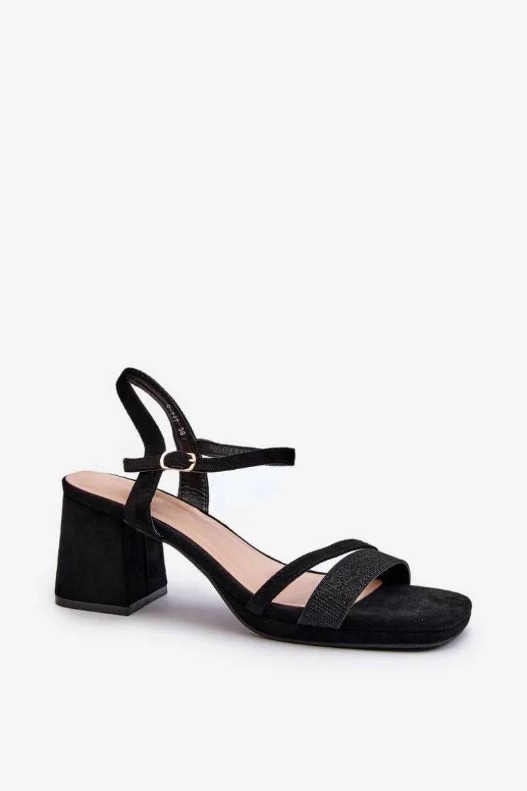 Damskie Sandały Na Obcasie Z Błyszczącym Paskiem Czarne Tessata