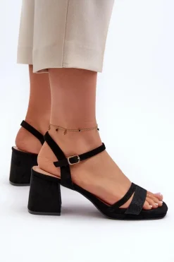 Damskie Sandały Na Obcasie Z Błyszczącym Paskiem Czarne Tessata