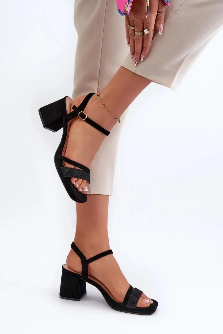 Damskie Sandały Na Obcasie Z Błyszczącym Paskiem Czarne Tessata