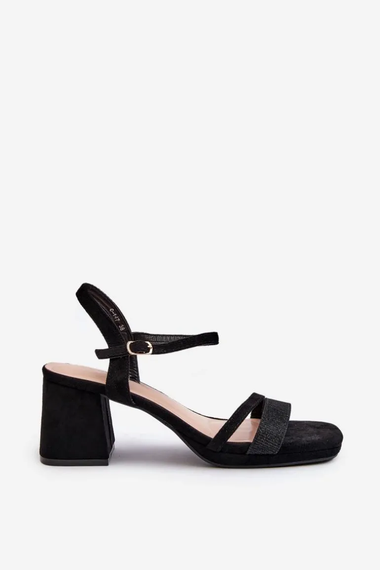 Damskie Sandały Na Obcasie Z Błyszczącym Paskiem Czarne Tessata