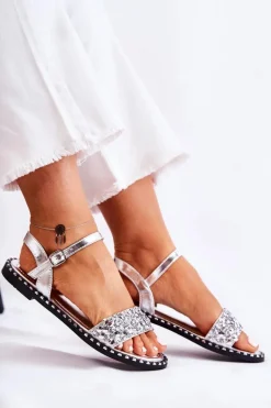 Damskie Sandały Na Płaskim Obcasie Z Ćwiekami Srebrne Francesca