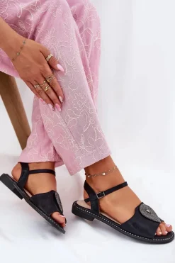 Damskie Sandały Na Płaskim Obcasie Z Ozdobą S.Barski KV51-098 Czarne