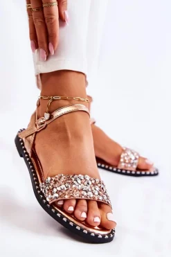 Damskie Sandały Na Płaskim Obcasie Z Ćwiekami Różowe Złoto Francesca