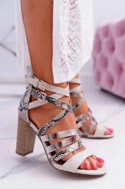 Damskie Sandały Na Słupku Eleganckie Z Paskami Beżowe Villey