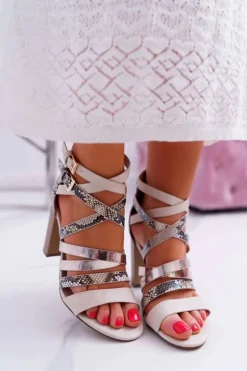 Damskie Sandały Na Słupku Eleganckie Z Paskami Beżowe Villey