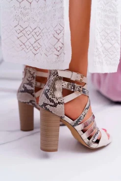 Damskie Sandały Na Słupku Eleganckie Z Paskami Beżowe Villey