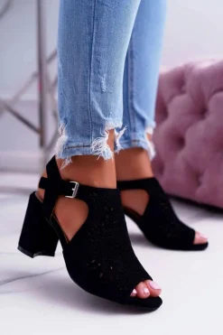 Damskie Sandały Na Słupku Peep Toe Czarne Olenia