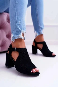 Damskie Sandały Na Słupku Peep Toe Czarne Olenia