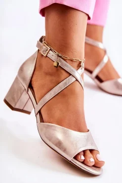 Damskie Sandały Na Słupku Sergio Leone SK825 Złote Satynowe