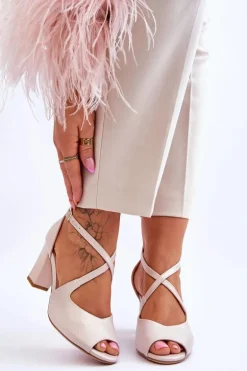 Damskie Sandały Na Słupku Sergio Leone SK864 Perłowe Beżowe