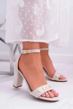 Damskie Sandały Na Słupku Z Perełkami Beżowe Renes