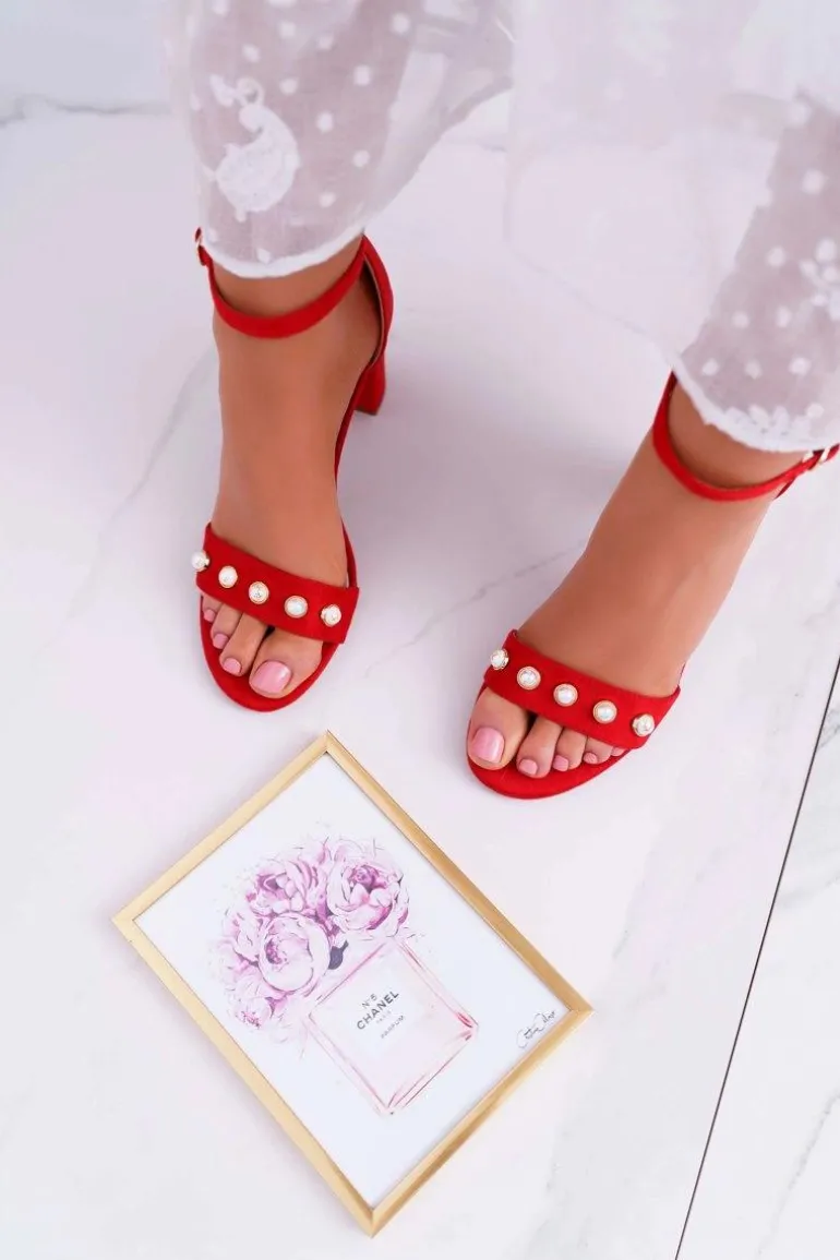 Damskie Sandały Na Słupku Z Perełkami Czerwone Renes