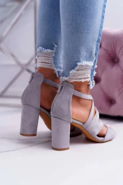 Damskie Sandały Na Słupku Zamszowe Szare Lemilia