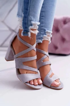 Damskie Sandały Na Słupku Zamszowe Szare Lemilia