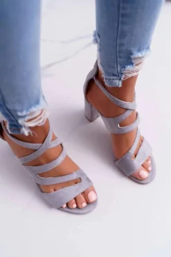 Damskie Sandały Na Słupku Zamszowe Szare Lemilia