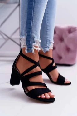 Damskie Sandały Na Słupku Zamszowe Czarne Lemilia