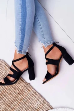 Damskie Sandały Na Słupku Zamszowe Czarne Lemilia