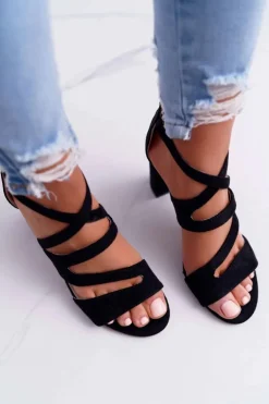 Damskie Sandały Na Słupku Zamszowe Czarne Lemilia