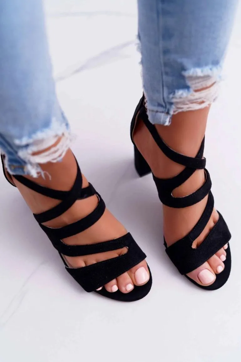 Damskie Sandały Na Słupku Zamszowe Czarne Lemilia