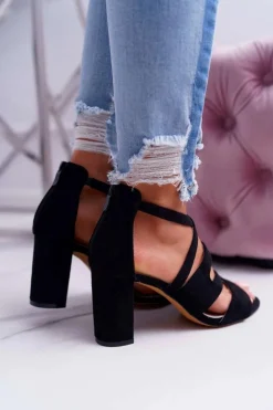 Damskie Sandały Na Słupku Zamszowe Czarne Lemilia