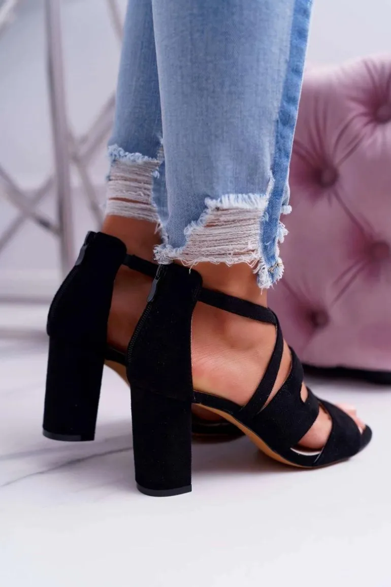 Damskie Sandały Na Słupku Zamszowe Czarne Lemilia