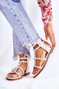 Damskie Sandały Na Suwak Z Ćwiekami Białe Cavos