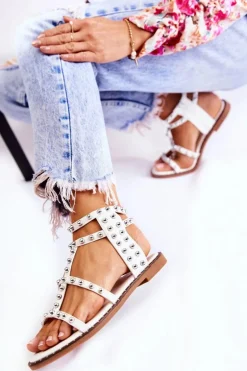 Damskie Sandały Na Suwak Z Ćwiekami Białe Cavos