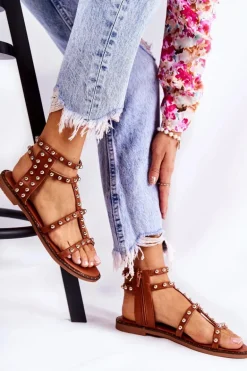 Damskie Sandały Na Suwak Z Ćwiekami Brązowe Cavos