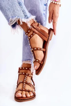 Damskie Sandały Na Suwak Z Ćwiekami Brązowe Cavos