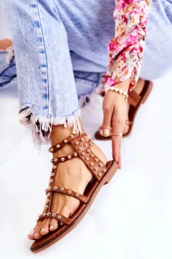 Damskie Sandały Na Suwak Z Ćwiekami Brązowe Cavos