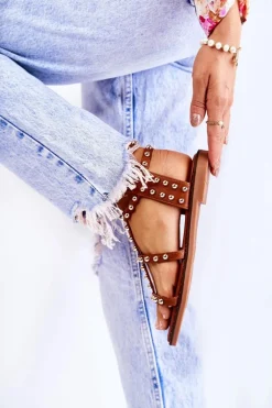 Damskie Sandały Na Suwak Z Ćwiekami Brązowe Cavos