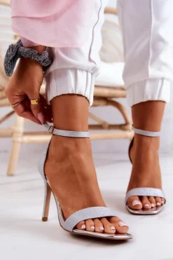 Damskie Sandały Na Szpilce Brokatowe Srebrne Massimo