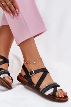 Damskie Sandały Płaskie Z Paskami Sergio Leone SK087H Czarne