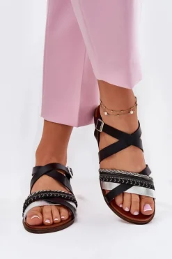 Damskie Sandały Płaskie Z Paskami Sergio Leone SK087H Czarne
