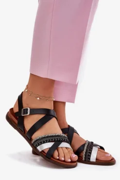 Damskie Sandały Płaskie Z Paskami Sergio Leone SK087H Czarne