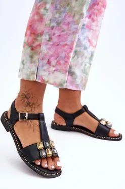 Damskie Sandały S.Barski Z Kamieniami KV-2775-30 Czarne