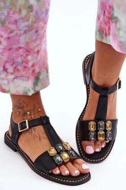 Damskie Sandały S.Barski Z Kamieniami KV-2775-30 Czarne