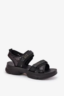 Damskie Sandały Z Cekinami Na Rzepy Czarne Gonev