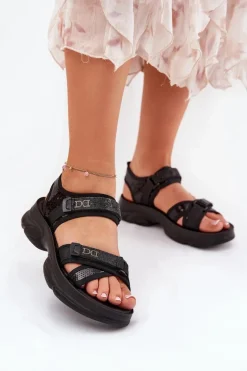 Damskie Sandały Z Cekinami Na Rzepy Czarne Gonev