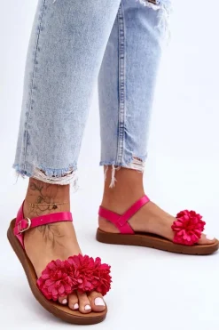 Damskie Sandały Z Materiałowymi Kwiatami Fuksja Fiori